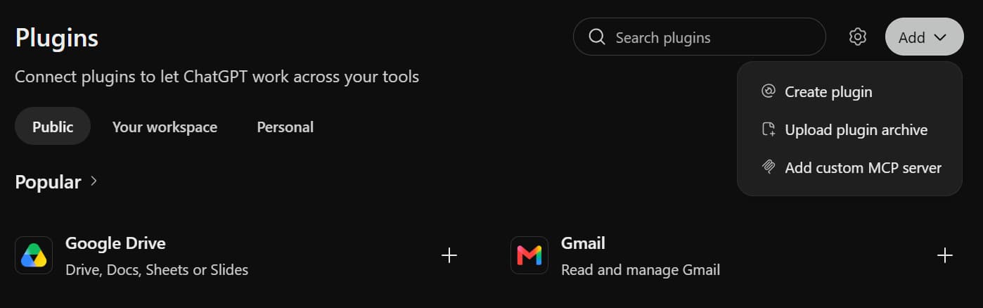 ChatGPT: Plugins, then Add, then Add custom MCP server