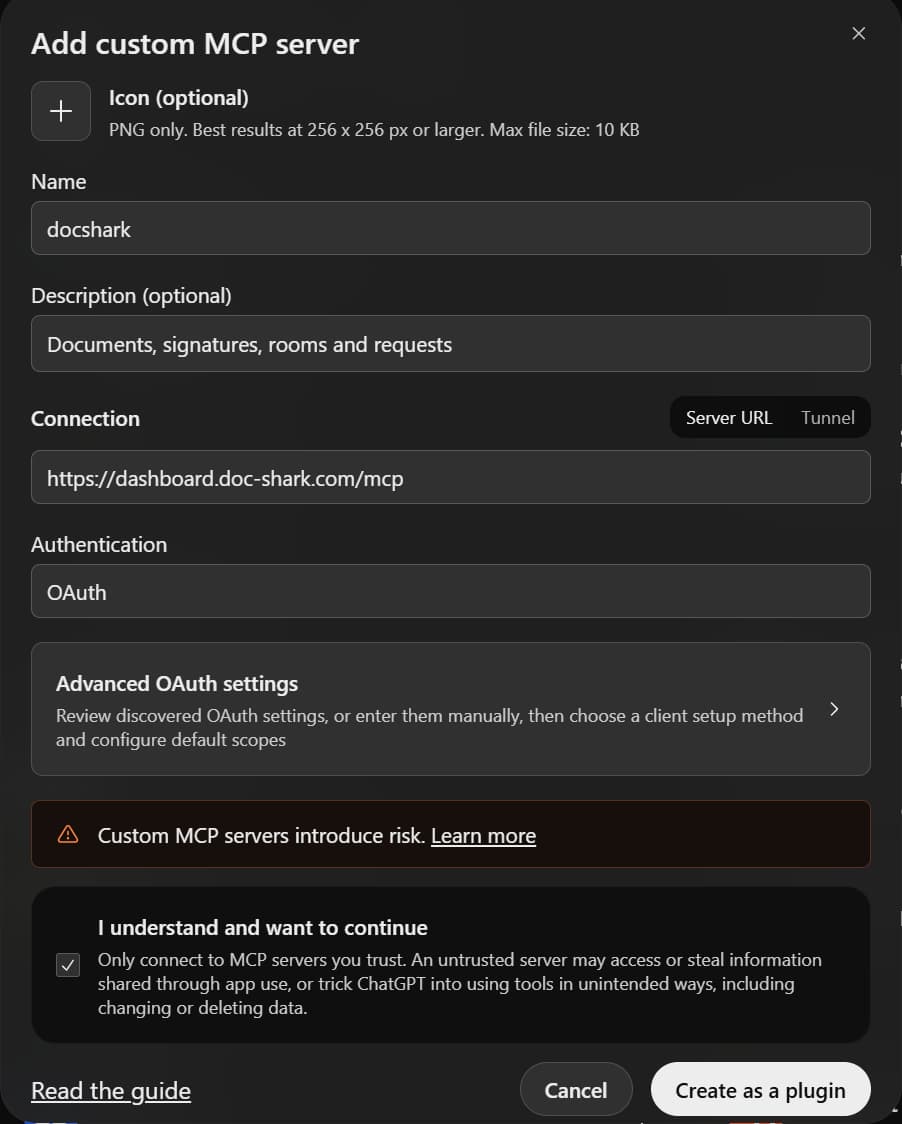 ChatGPT: the custom MCP server form filled in for Docshark