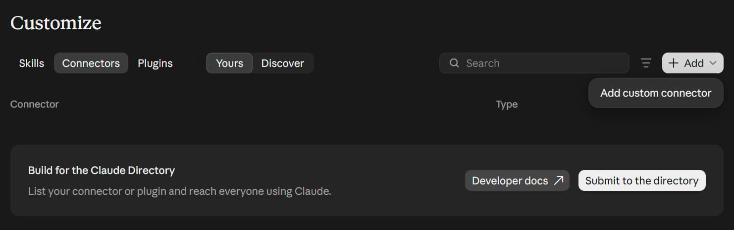 Claude: the Add menu with Add custom connector