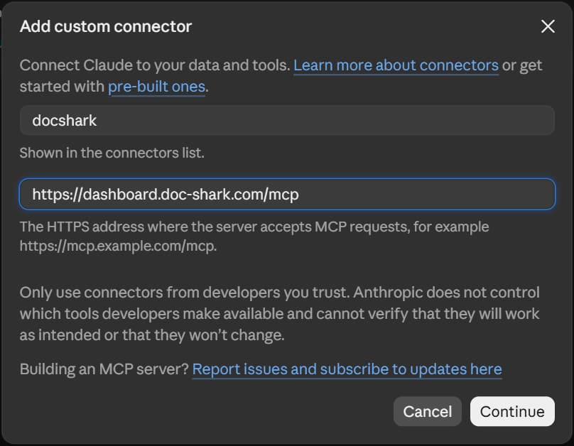 Claude: the custom connector form with the name and the Docshark address