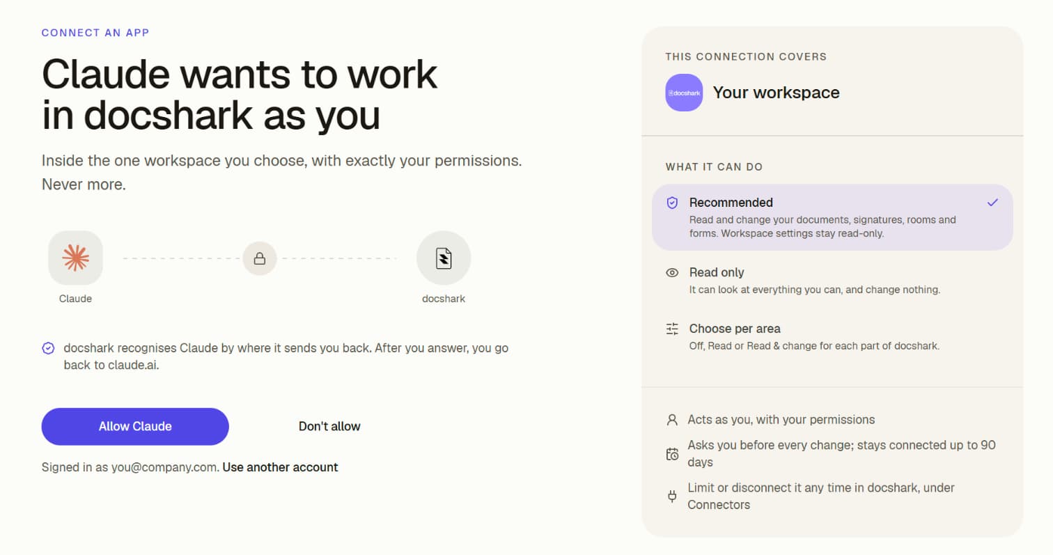 Docshark's Allow page: the app's name, the workspace it covers, and the three access choices