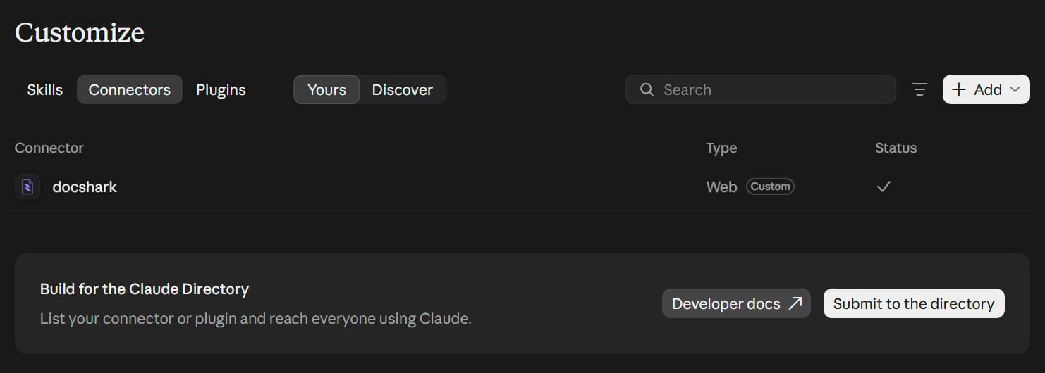 Claude: Docshark connected, with a check under Status