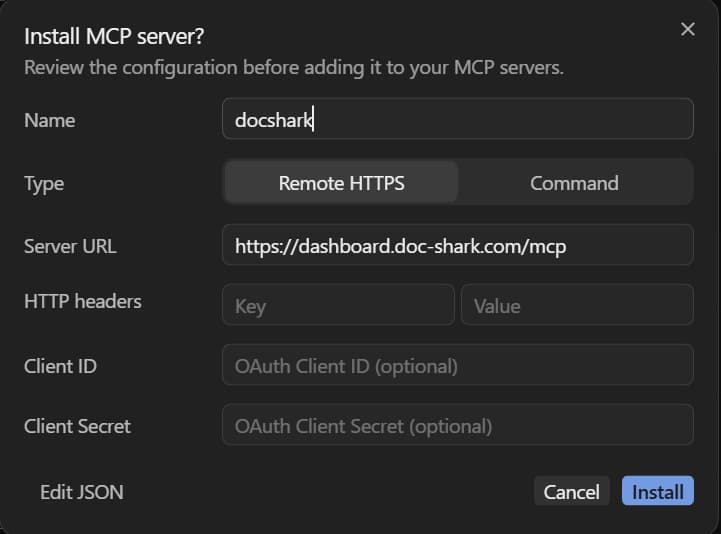 Cursor: Install MCP server, with Docshark's address filled in